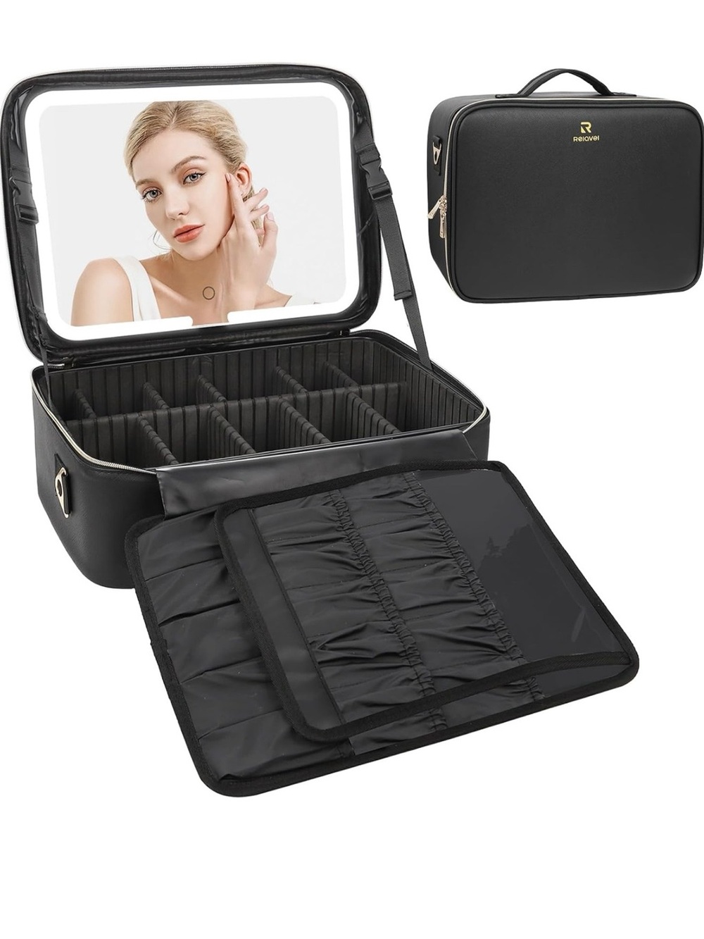 Relavel makeup case large makeup bag with adjustable strap and mirror